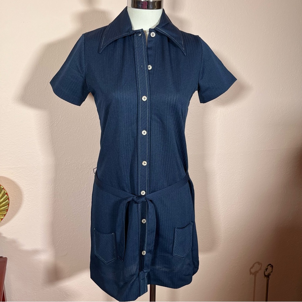 Vintage 1970 Mod Navy Blue Art Shirt Dropped Waist Belted Tunic Shirt Mini Dress